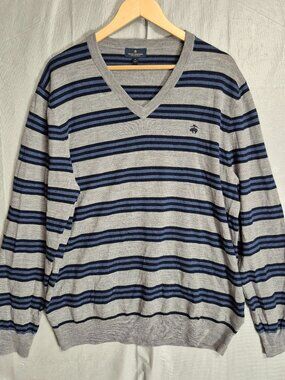 Brooks Brothers Men XL Blue Striped Merino Wool Italian Yarn V Neck Knit Sweater